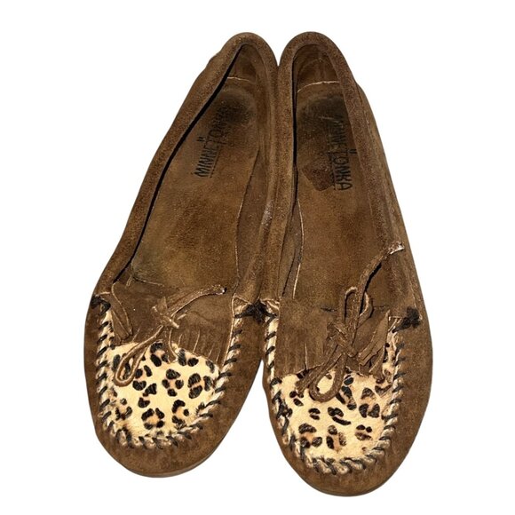 Minnetonka Womens Brown Suede Moccasins With Leopard Print Accent Size 9 - Picture 12 of 13